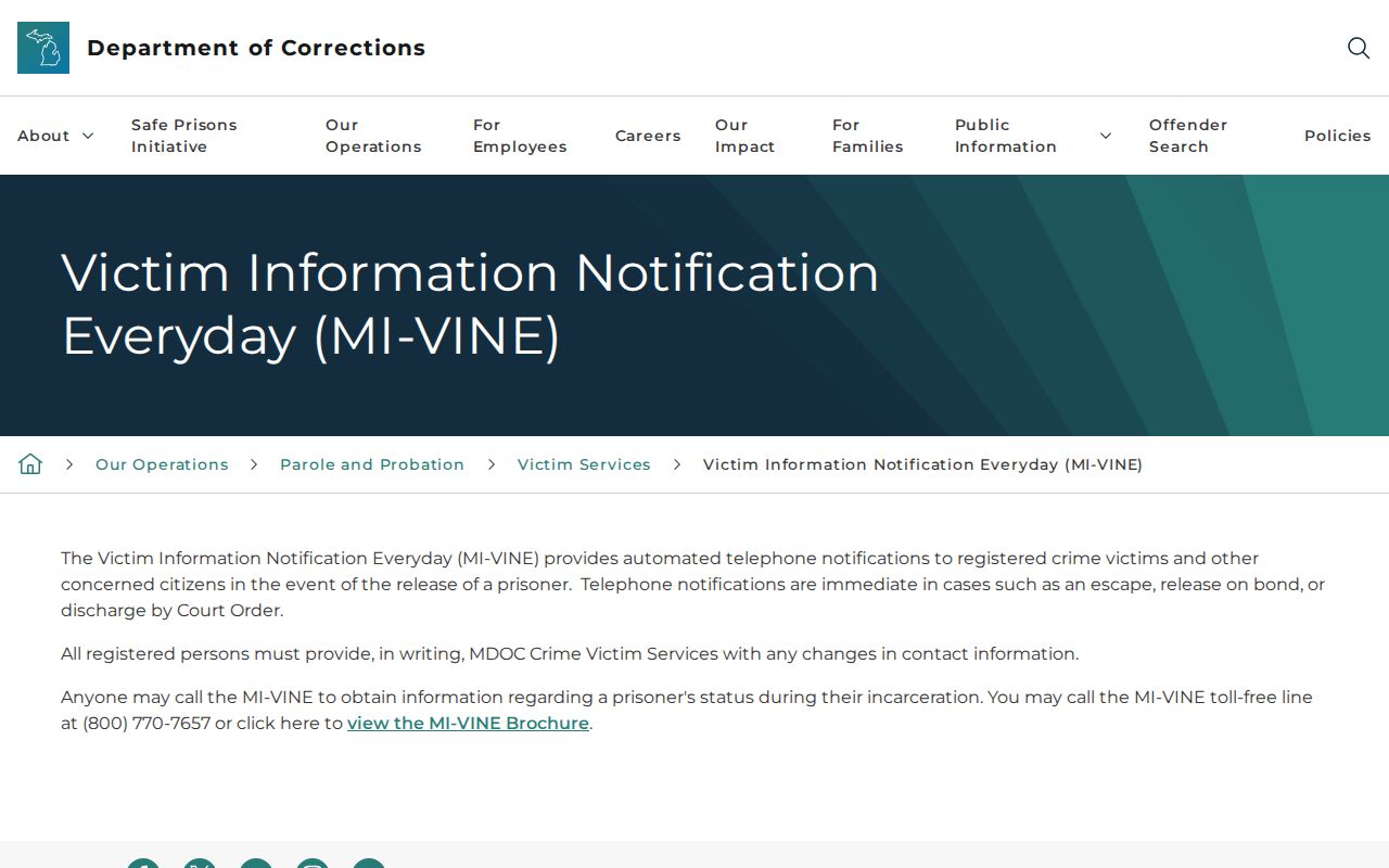 Michigan Department of Corrections MI-VINE victim notification webpage