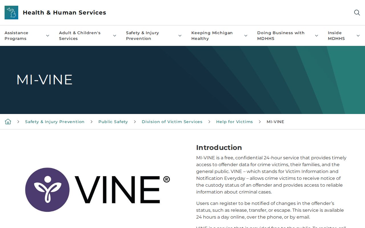 Michigan government MI-VINE custody information and notification webpage