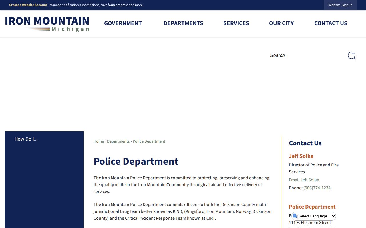 Official Iron Mountain Police Department webpage with city police information