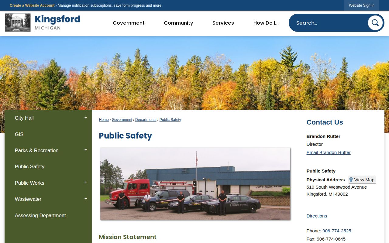 Official Kingsford Public Safety webpage with department contact and police report access