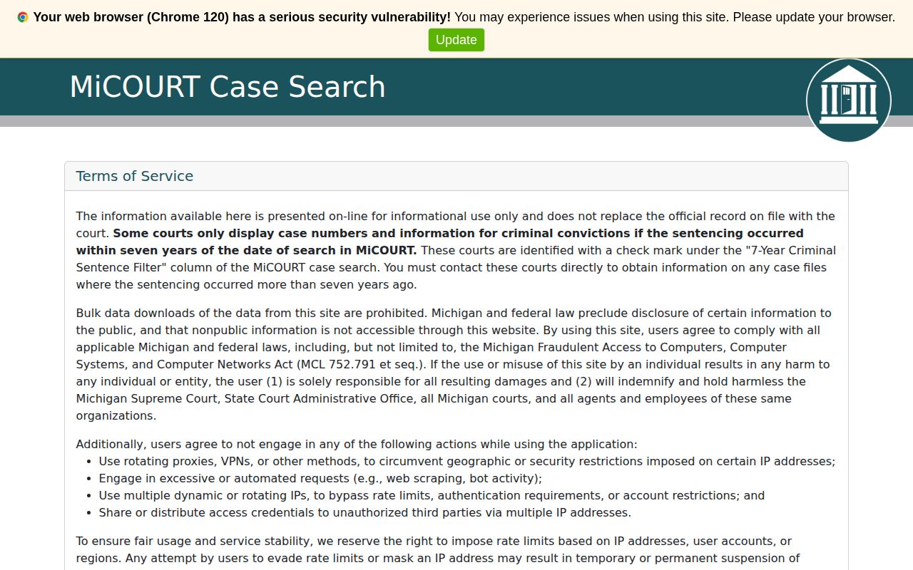 Michigan Courts public case-search interface used for Dickinson County cases